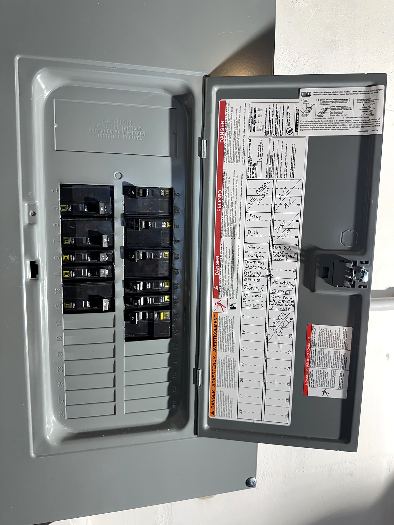 New Square D panel with the door open, showing breakers and a labeled circuit directory