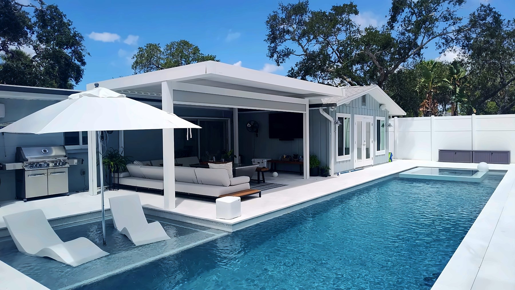 Backyard swimming pool and covered patio